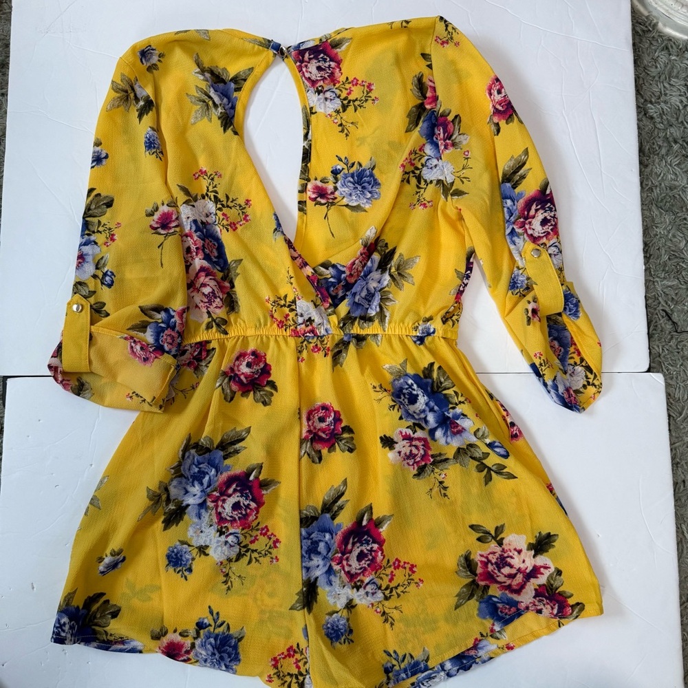 Floral Yellow CottageCore Romper Large Women's Floral Summer Shorts Jumpsuit